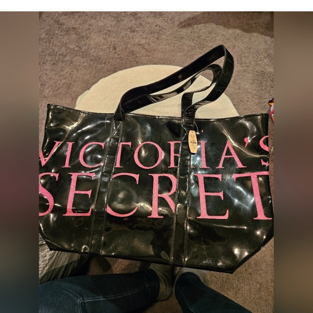 Victoria's Secret Black Patent Tote with Pink Logo Panel
